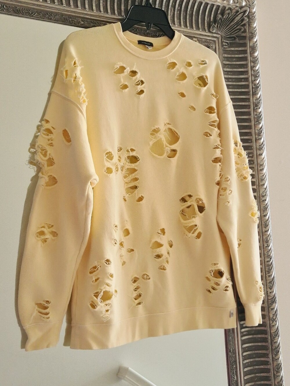 R13 Super Distressed Oversized Crewneck Sweatshirt In Washed Yellow XS Org $450 - Picture 5 of 14